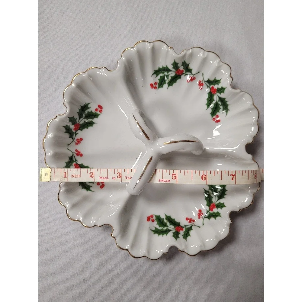Vintage Holly Porcelain Divided Candy/Nut Holiday Dish‎ Gold Trim